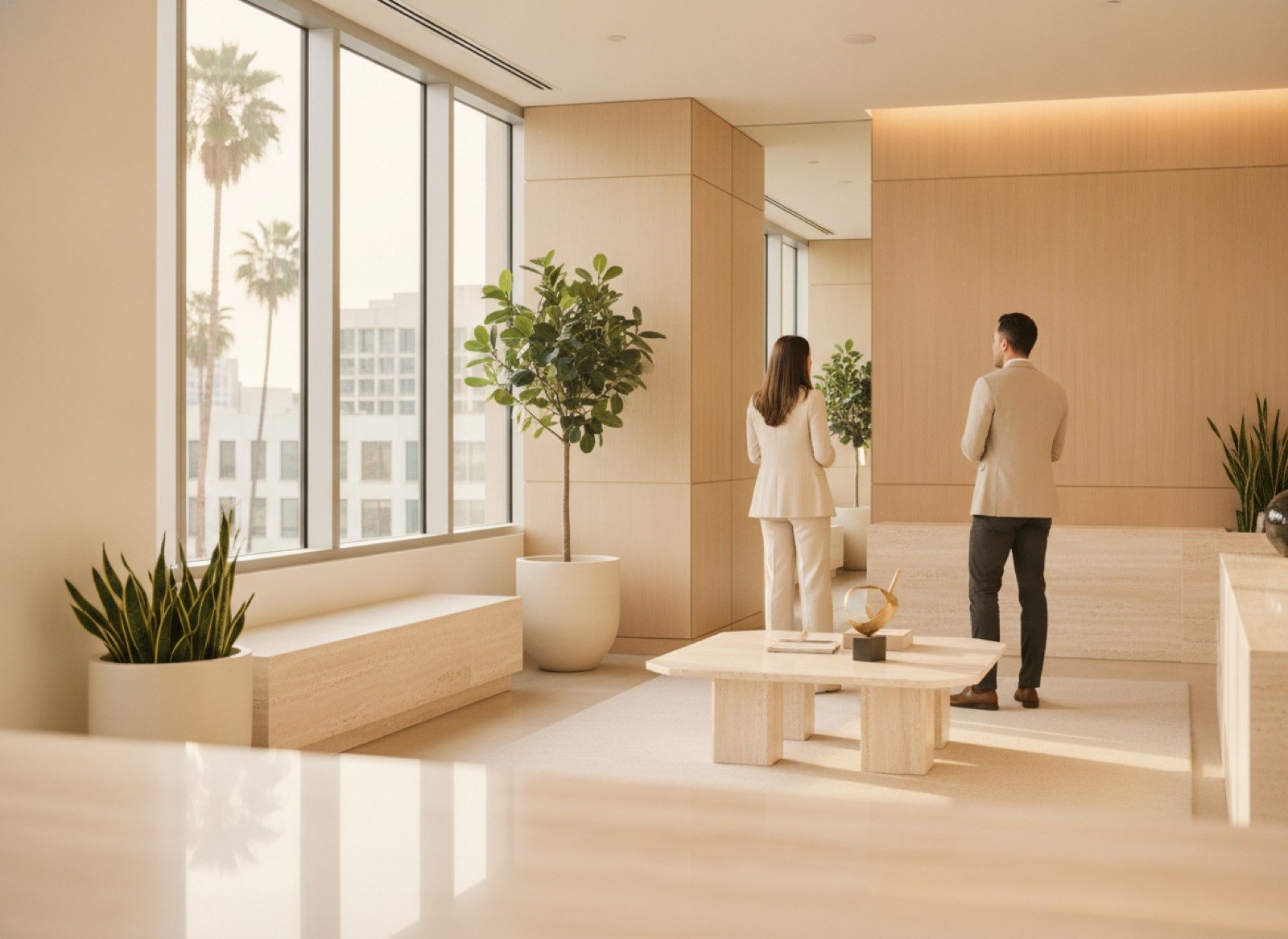 Two professionals in discussion in a bright Los Angeles office lounge with palm trees visible through the windows