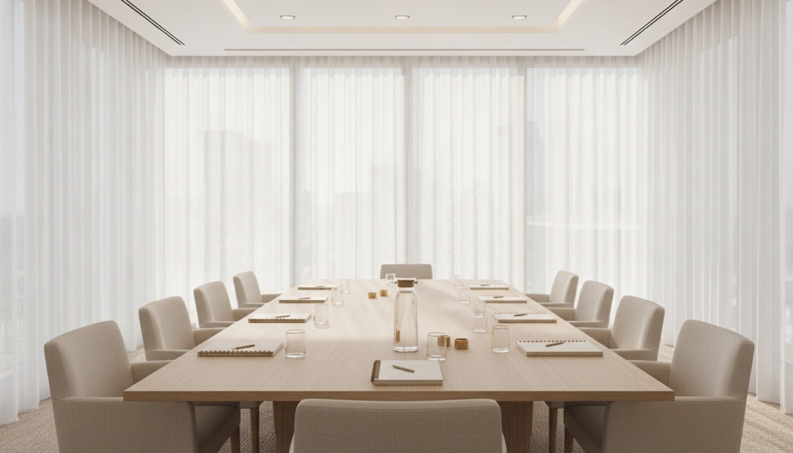 Bright sunlit boardroom with a long light-oak table and floor-to-ceiling windows