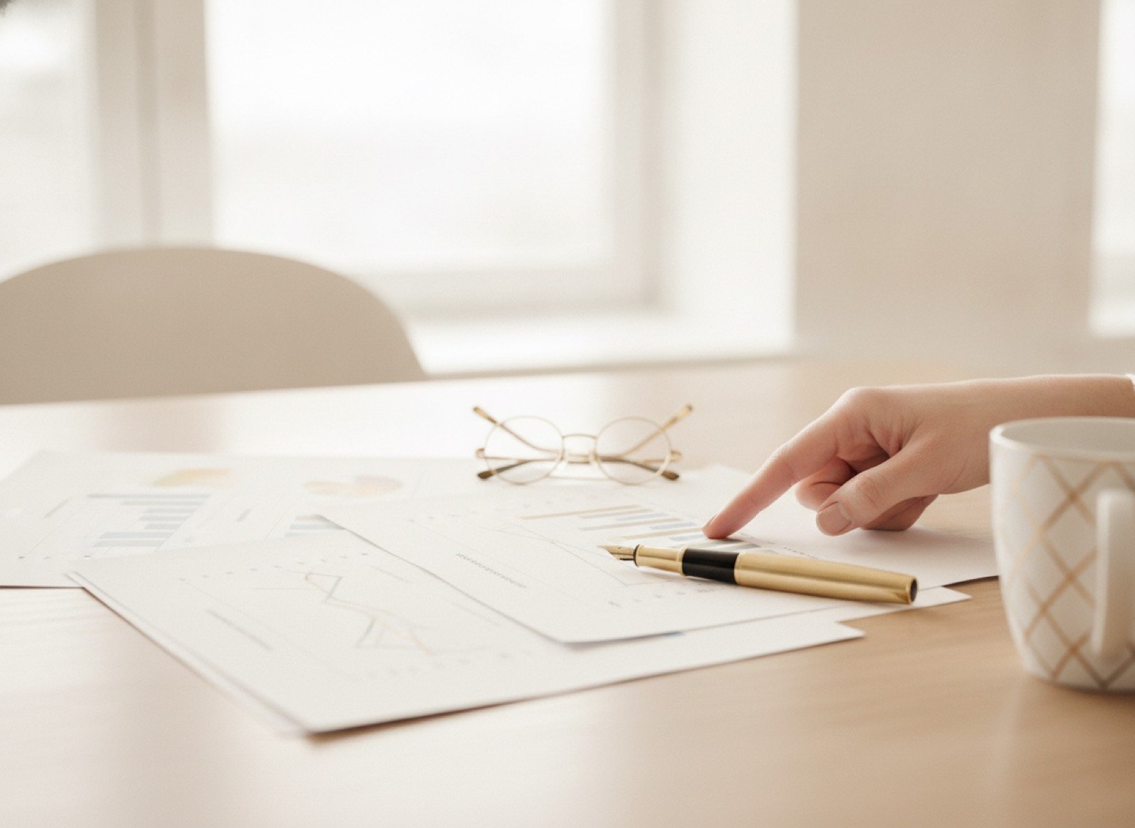 Strategy session with performance charts and a fountain pen on a light oak table