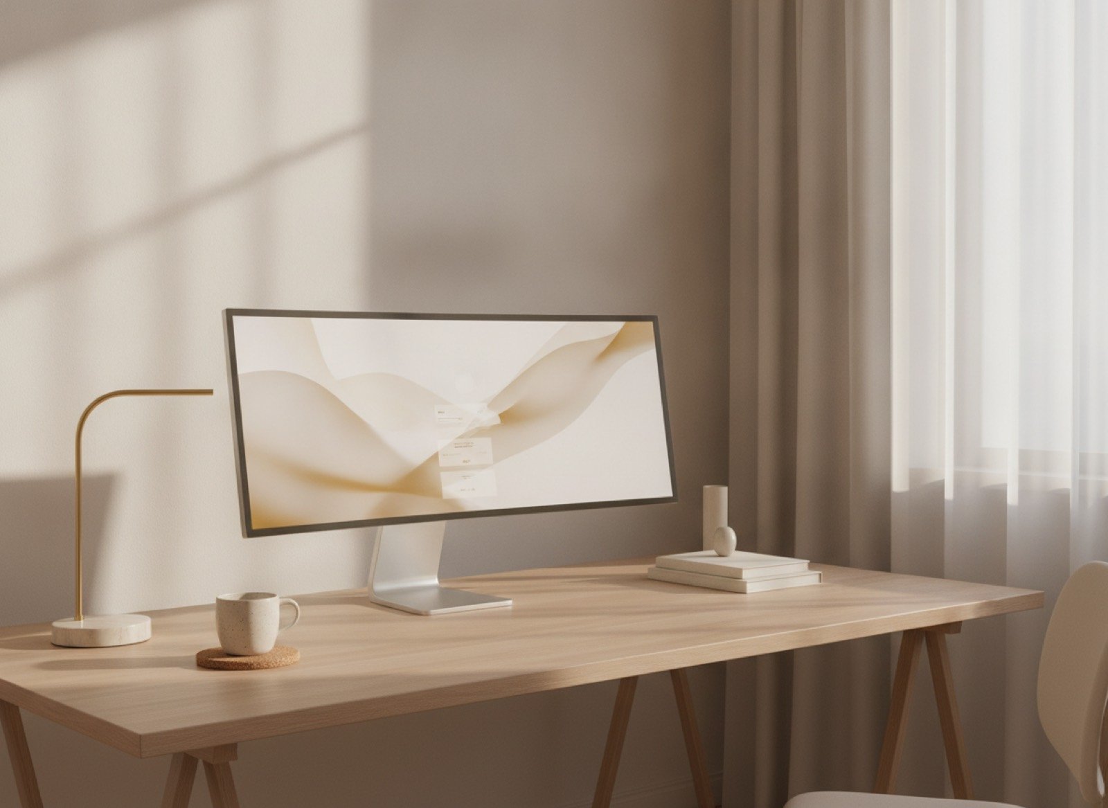 Minimal modern workspace with a large monitor on a light oak desk