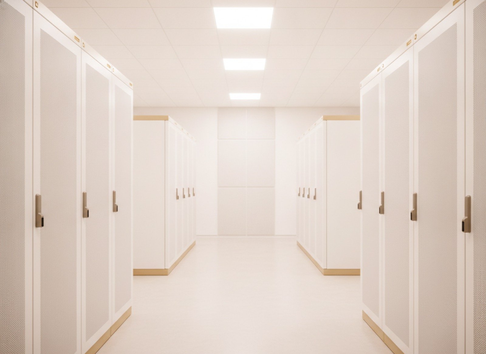 Bright modern server room with clean white network cabinets